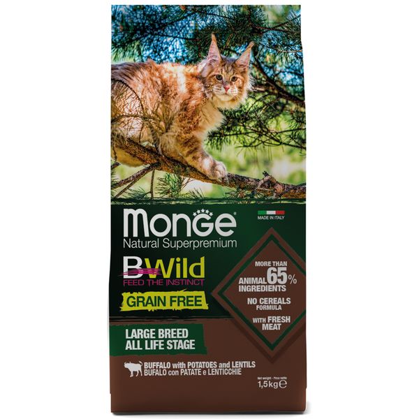 Монж для котят Корм Monge Cat Bwild Grain Free Large Breed для кошек, со вкусом буйвола, 1,5кг / 10,0кг — изображение 1