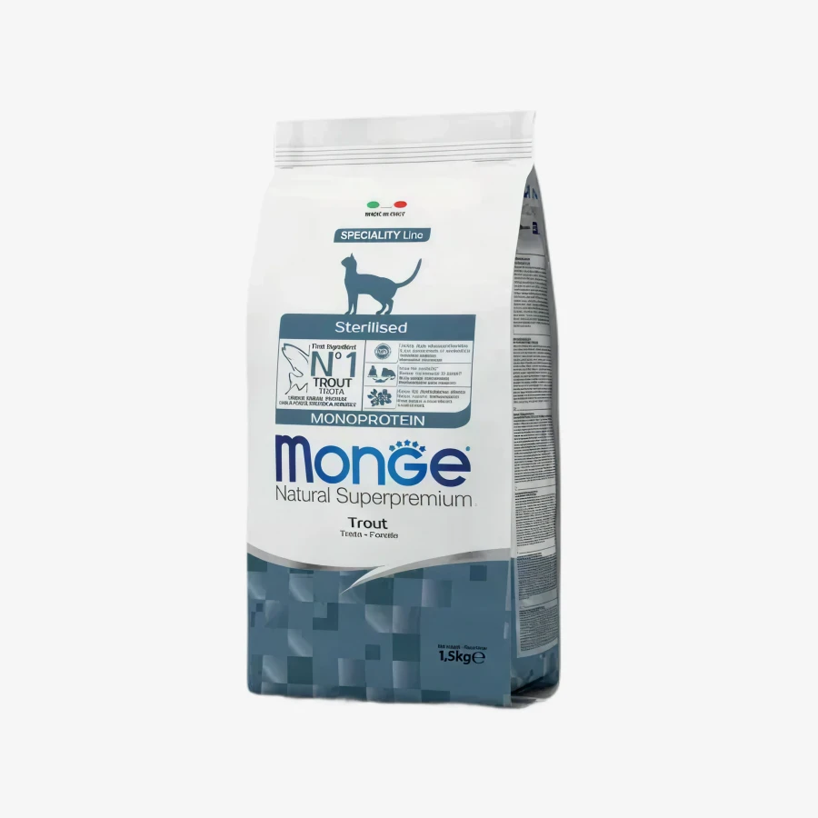Монж форель Корм Monge Cat Monoprotein Sterilized для кошек, со вкусом форели, 1,5кг / 10,0кг — изображение 1
