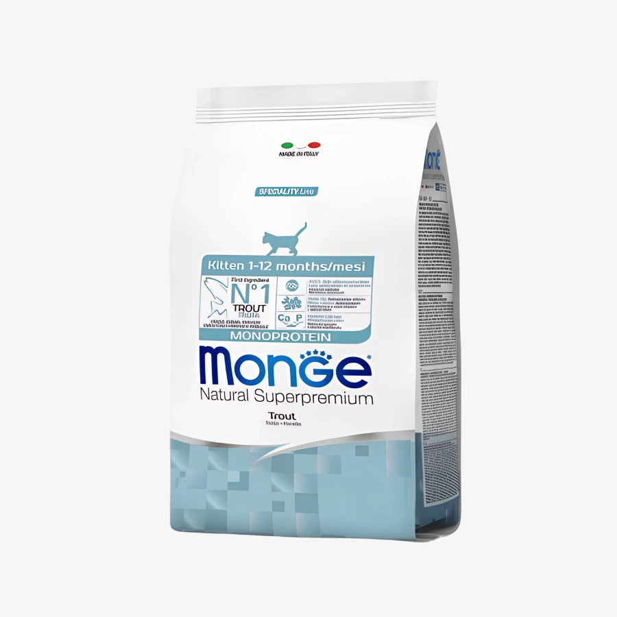 Монж котята форель Корм Monge Cat Monoprotein Kitten для котят, со вкусом форели, 1,5кг / 10,0кг — изображение 1