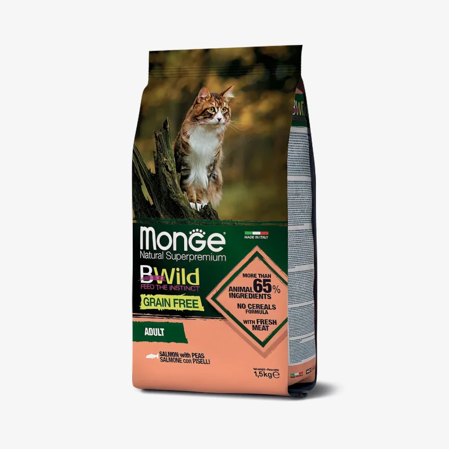 Монж лосось кот Корм Monge Cat Bwild Grain Free Adult для кошек, со вкусом лосося, 1,5кг — изображение 1