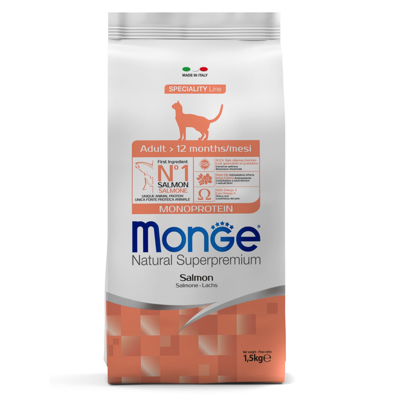 Монж лосось Корм Monge Cat Monoprotein Adult для кошек, со вкусом лосося, 1,5кг / 10,0кг — изображение 1