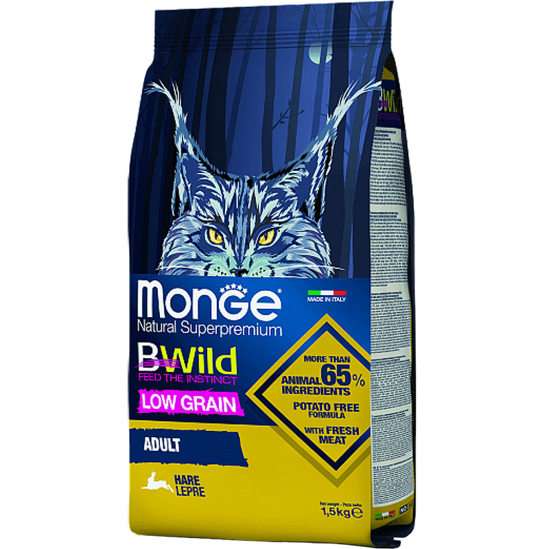 МОнж заяц Корм Monge Cat Bwild Low Grain Adult для кошек, со вкусом зайчатины, 1,5кг / 10,0кг — изображение 1